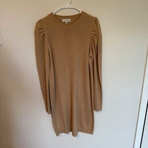 WAYF Sweater Dress Womens Tan Brown Long Sleeve Puff Sleeve Dress Size L